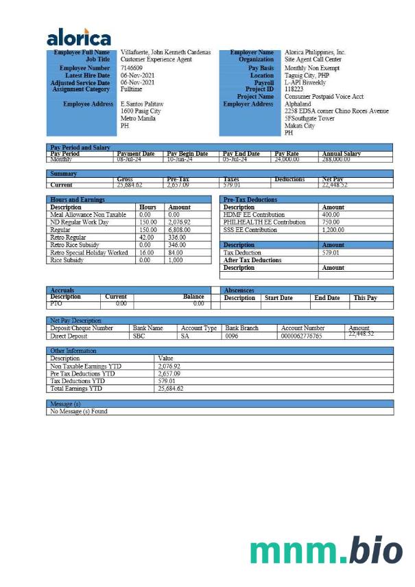 Szablon odcinka wypłaty Alorica Philippines w formatach Word i PDF
